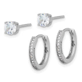 Sterling Silver Rh-plated CZ 2mm Hoop and 5mm Stud Post Earring Set
